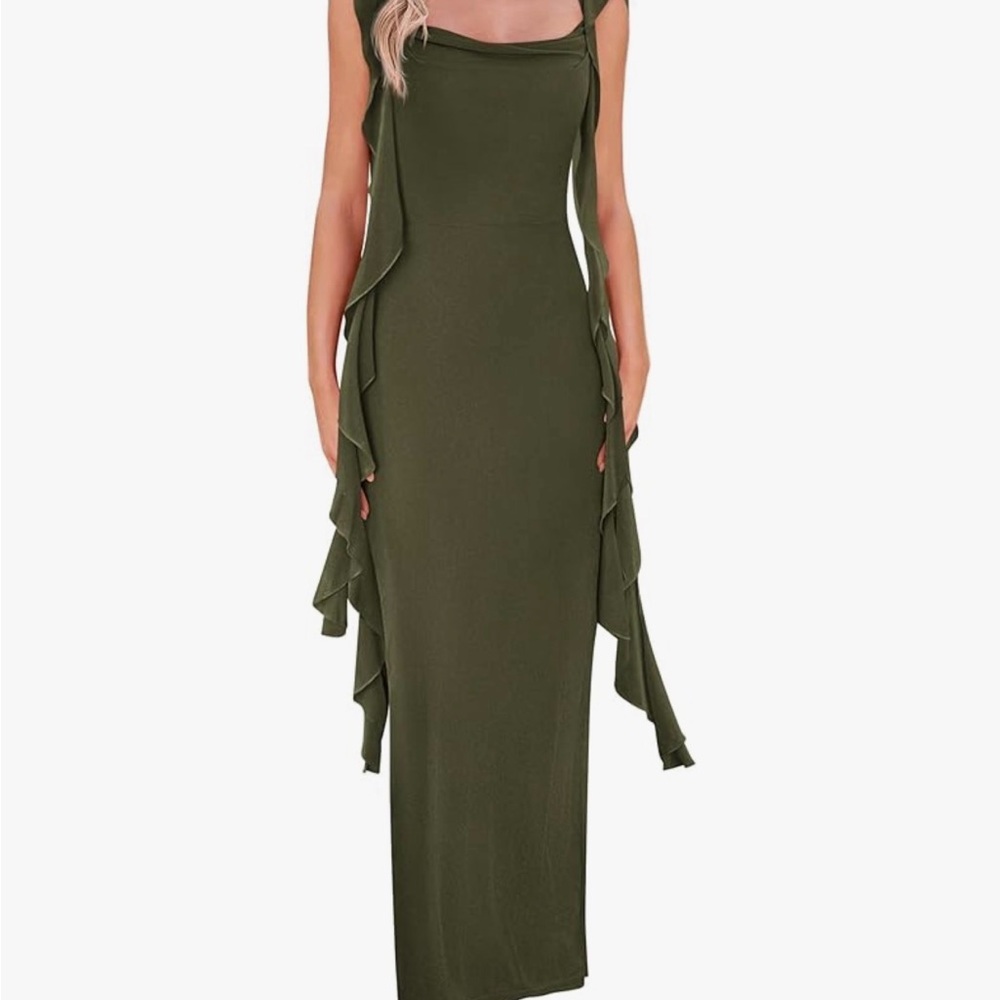 Elegant Olive Green Ruffle Dress - Picture 3 of 6